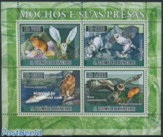 Sao Tome/Principe 2007 Owls And Their Prey 4v M/s, Mint NH, Nature - Birds - Birds Of Prey - Fish - Owls - Rabbits / H.. - Fishes