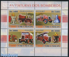 Sao Tome/Principe 2008 Fire Engines 4v M/s, Mint NH, Transport - Fire Fighters & Prevention - Firemen