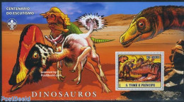 Sao Tome/Principe 2007 Preh. Animals S/s (scouting Logo On Border) Dinosaurs, Mint NH, Nature - Sport - Prehistoric An.. - Préhistoriques