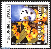 Sao Tome/Principe 2008 Melopsittacus Undulatus, Parakeet, Overprint, Mint NH, Nature - Birds - Flowers & Plants - Sao Tome Et Principe