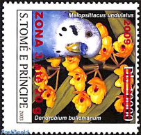 Sao Tome/Principe 2009 Melopsittacus Undulatus, Parakeet, Overprint Zona 3 Red, Mint NH, Nature - Birds - Flowers & Pl.. - Sao Tome And Principe