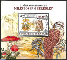 Burundi 2013 210th Anniversary Of Miles Joseph Berkeley, Mint NH, Nature - Birds - Birds Of Prey - Mushrooms - Owls - Hongos