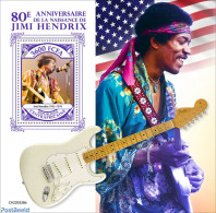 Central Africa 2022 80th Anniversary Of Jimi Hendrix, Mint NH, Performance Art - Music - Musical Instruments - Música