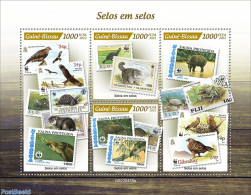 Guinea Bissau 2022 Stamps On Stamps, Mint NH, Nature - Birds - Birds Of Prey - Cats - Frogs & Toads - Turtles - World .. - Briefmarken Auf Briefmarken