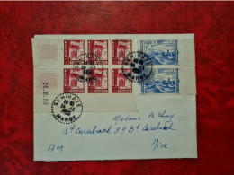 LETTRE   MAROC 1955 SKHIRATE POUR NICE BLOC DE 6 COIN DATE 1953 2F FONTAINE NEDJARIMI - Marokko (1956-...)