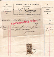 87- LIMOGES- FACTURE  G. GAYOU- SERRURERIE FERRONNERIE-  RUE DE L' INDUSTRIE-MONTEIX JEAN BAPTISTE 1909 BTP - Old Professions
