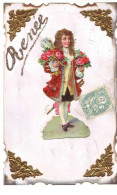 Carte Avec Chromo Collé - Jeune Homme Portant Des Bouquets De Roses - Prénom Renée En Paillettes - Autres & Non Classés