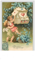 Carte Gaufrée - Souvenir Affectueux - Anges Postant Une Lettre - Angelots - Anges