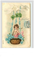 Carte Gaufrée - Souvenir - Cupidon Dans Un Panier Tenu Par Des Colombes - Autres & Non Classés