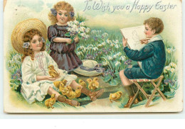 Carte Gaufrée - To Wish You A Happy Easter - Enfants Avec Des Poussins - Ostern