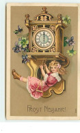 Carte Gaufrée - Prosit Neujahr - Fillette Faisant De La Balançoire Avec Le Balancier D'une Horloge - New Year