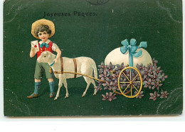 Carte Gaufrée - Joyeuse Pâques - Garçon Près D'un Mouton Tirant Un Oeuf - Ostern