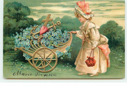 Carte Gaufrée - Jeune Fille Près D'un Petit Char Rempli De Fleurs Et Des Porte-bonheur - Andere & Zonder Classificatie