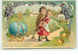 Carte Gaufrée - Joyeuses Pâques - Enfants Tirant Un Oeuf - Ostern