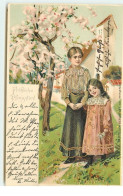 Carte Gaufrée - Fröhliche Pfingsten - Jeune Femme Et Une Fillette Dans Un Jardin - Pinksteren