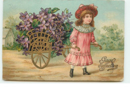 Carte Gaufrée - Gage D'Affection - Jeune Fille Tirant Une Brouette Remplie De Violettes - Other & Unclassified