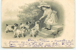 Carte Gaufrée - Fillette Nourrissant Des Chiens - Autres & Non Classés