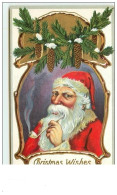 Carte Gaufrée - Christmas Wishes - Père Noël Fumant Une Pipe - Kerstman