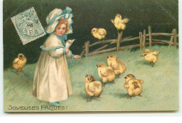 Carte Gaufrée - Clapsaddle - Joyeuses Pâques - Fillette Parmi Des Poussins - Ostern