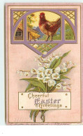 Carte Gaufrée - Cheerful Easter Greetings - Poule Et Brins De Muguet - Ostern