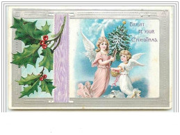 Carte Gaufrée - Bright Be Your Christmas - Anges Gardiens - Fond Argent - Angeles