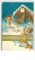 Carte Gaufrée - A Happy New Year - Angelots, L'un Sonnant Une Cloche, L'autre Buvant - New Year