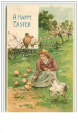 Carte Gaufrée - A Happy Easter - Fillette Donnant à Manger à Des Poussins - Ostern