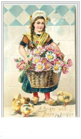 Carte Gaufrée - A Bright And Happy Easter - Jeune Fille Et Poussins - Ostern