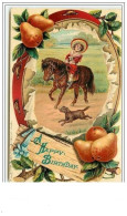 Carte Gaufrée - A Happy Birthday - Garçon Faisant Du Cheval - Poire - Anniversaire