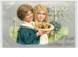 Carte Gaufrée - A Bright And Happy Easter - Enfants Avec Des Poussins Dans Un Chapeau - Ostern