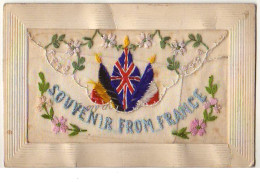 Carte Brodée - Souvenir From France - Drapeaux - Embroidered