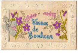 Carte Brodée - Voeux De Bonheur - Fleurs - Bestickt