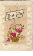 Carte Brodée - Bonne Fête - Panier Rempli De Fleurs - Embroidered