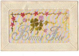 Carte Brodée - Bonne Fête - Fleurs Et Trèfles à 4 Feuilles - Embroidered