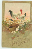 Carte Gaufrée - Fröhliche Ostern - Un Coq, Une Poule Et Des Poussins - Ostern