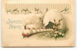 Carte Gaufrée - Joyeuses Pâques - Train D'oeufs Avec Des Poussins - Ostern