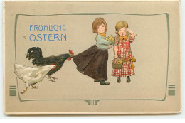 Carte Gaufrée - Fröhliche Ostern - Poules Attrapant La Jupe D'une Fillette Qui Porte Des Poussins - Ostern