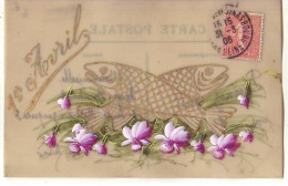 Carte Celluloid - 1er Avril - Poisson Sur Des Violettes - April Fool's Day