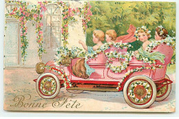 Carte Gaufrée - Bonne Fête - Enfants Dans Une Voiture Décorée De Fleurs - Other & Unclassified