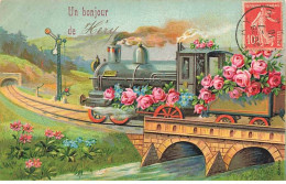 Carte Gaufrée - Fantaisie - Un Bonjour De ...Héry - Train Fleuri - Andere & Zonder Classificatie