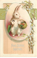 Carte Gaufrée - Pâques - Fond Easter Greeting - Lapin Portant Des Légumes Dans Un Panier - Fleur De Coton - Pascua