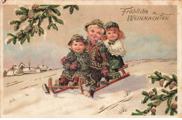 Carte Gaufrée - Noël - Fröhliche Weihnachten - Enfants Sur Une Luge - Autres & Non Classés