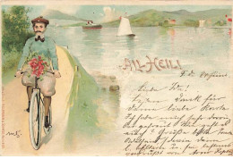 Fantaisie - All Heil - Homme En Vélo Près D'un Lac - Carte Vendue En L'état - Other & Unclassified