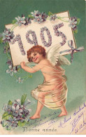 Carte Gaufrée - Clapsaddle - Bonne Année 1905 - Ange Tenant Une Pancarte Avec Des Violettes - New Year