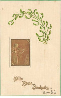Carte Gaufrée - Mille Bons Souhaits - Art Nouveau - Femme Jouant Du Violon - Gui - Sonstige & Ohne Zuordnung