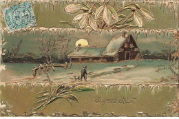 Carte Gaufrée - Joyeux Noël - Homme Et Son Chien Marchant Dans La Neige Vers Sa Maison, Fleurs - Andere & Zonder Classificatie