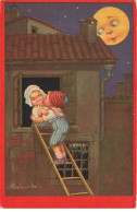 Illustrateur - E. Colombo - Garçon Embrassant Une Fillette, En Haut D'une échelle - Lune Humanisée - Colombo, E.