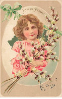 Carte Gaufrée - Pâques - Joyeuses Pâques - Fillette Dans Un Oeuf Tenant Des Fleurs De Coton - Ostern