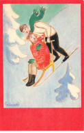 Illustrateur - Grünewald - Homme En Ski, Poussant Une Femme Assise Sur Une Luge - Sports D'Hiver - Other & Unclassified