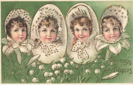 Carte Gaufrée - Joyeuses Pâques - Portraits De Fillettes Au Milieu D'oeufs - Muguet - Ostern